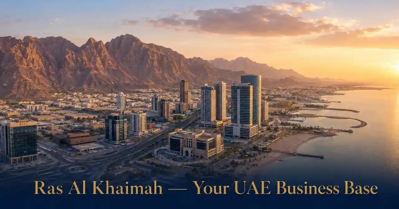 Ras Al Khaimah business district at golden hour — set up your company with N SCOP